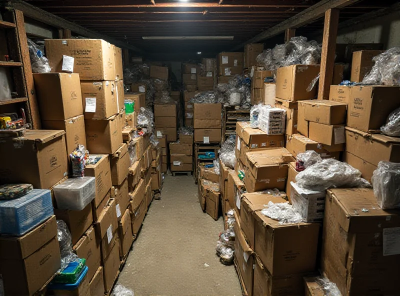 A basement filled with boxes and supplies, suggesting a stockpile of donations.