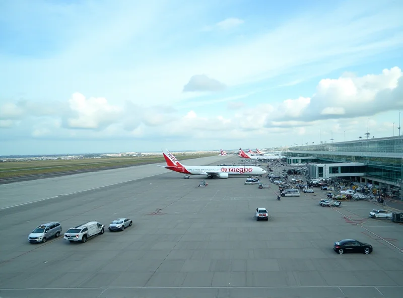 A wide shot of Barajas Airport in Madrid, Spain, showing the exterior of the terminal and airplanes on the tarmac.