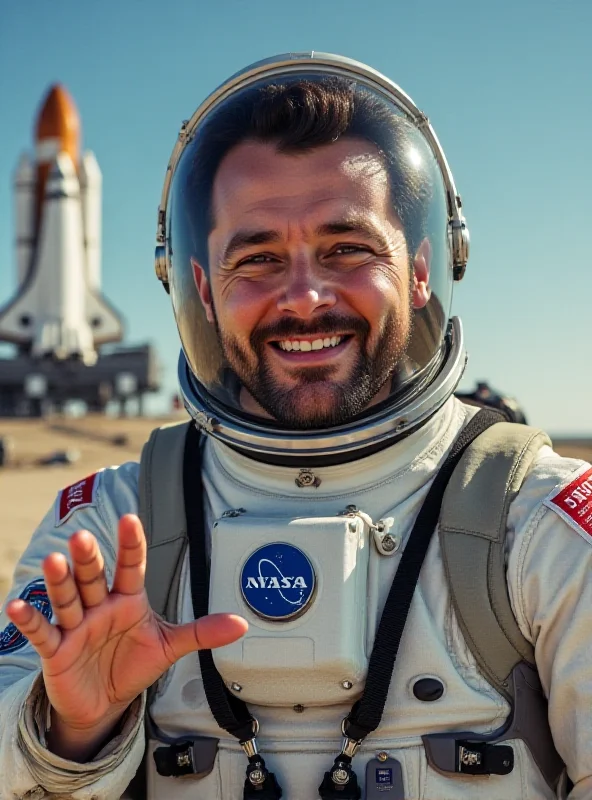 Jesús Calleja wearing a spacesuit, smiling and waving, with a space shuttle in the background.