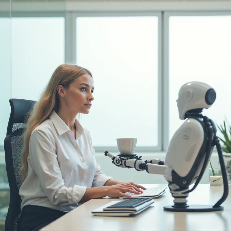 A person sitting at a desk working with a computer, and a robot arm is handing them a coffee.