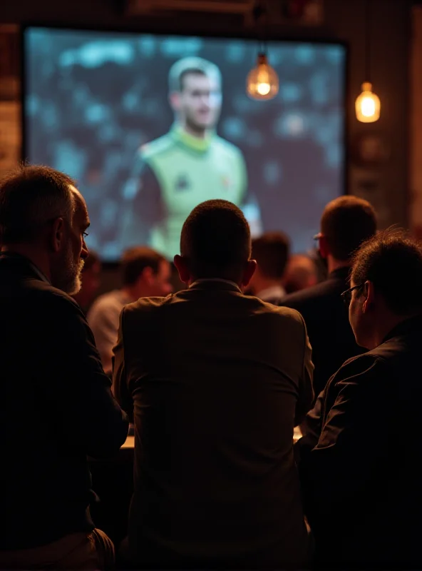 A concerned group of soccer fans watching a game on a large screen, reacting to news about a player or coach's health.