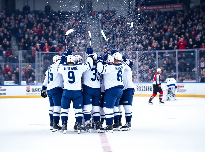 A triumphant ice hockey team celebrating a victory on the ice, with fans cheering in the background.