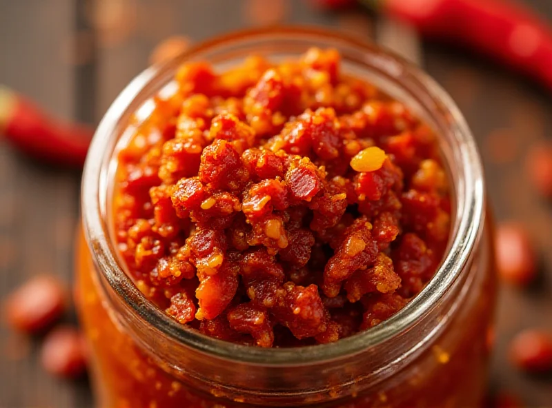 Close-up shot of homemade chili crisp in a glass jar, showcasing the vibrant colors and textures of the ingredients.