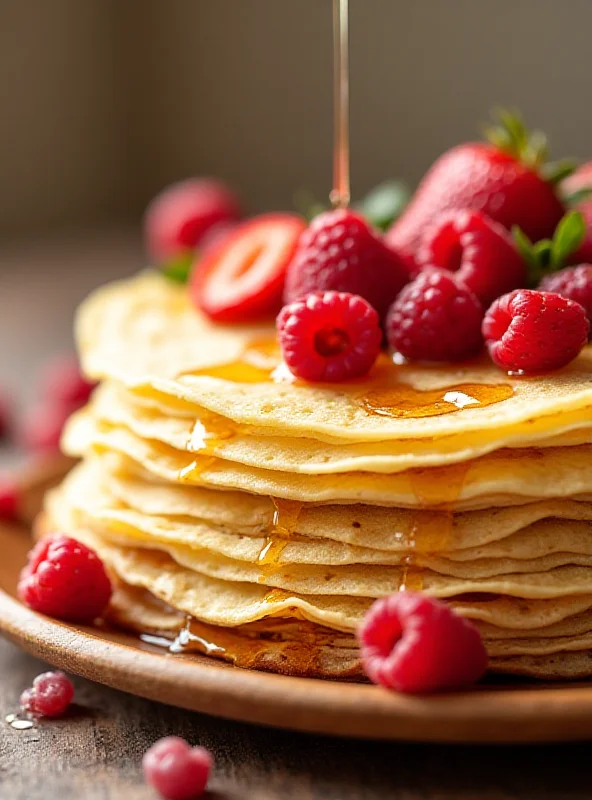 Stack of rye crepes on a wooden plate, drizzled with honey and topped with fresh berries.