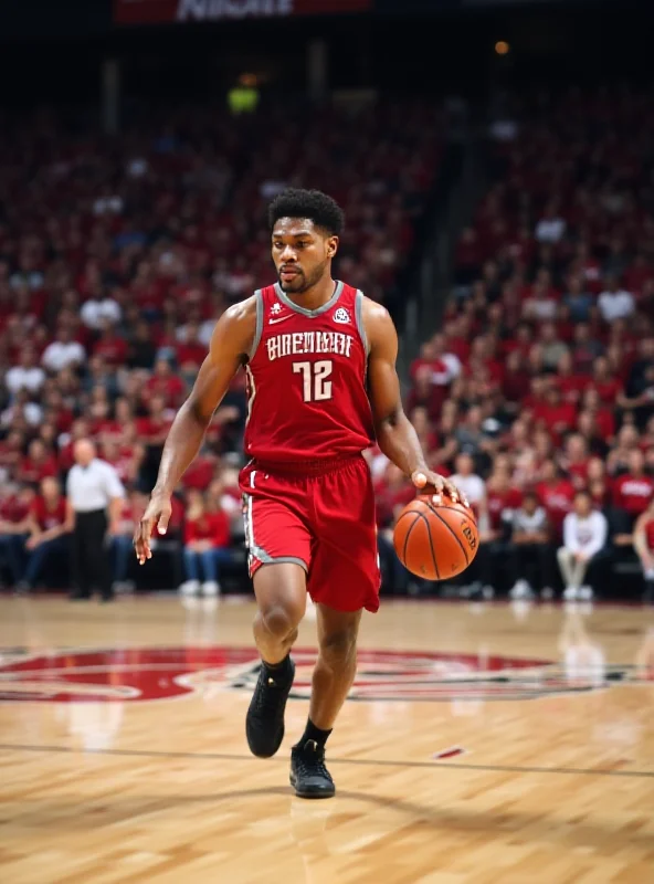 A basketball player dribbling the ball during an NCAA game, with the crowd blurred in the background.