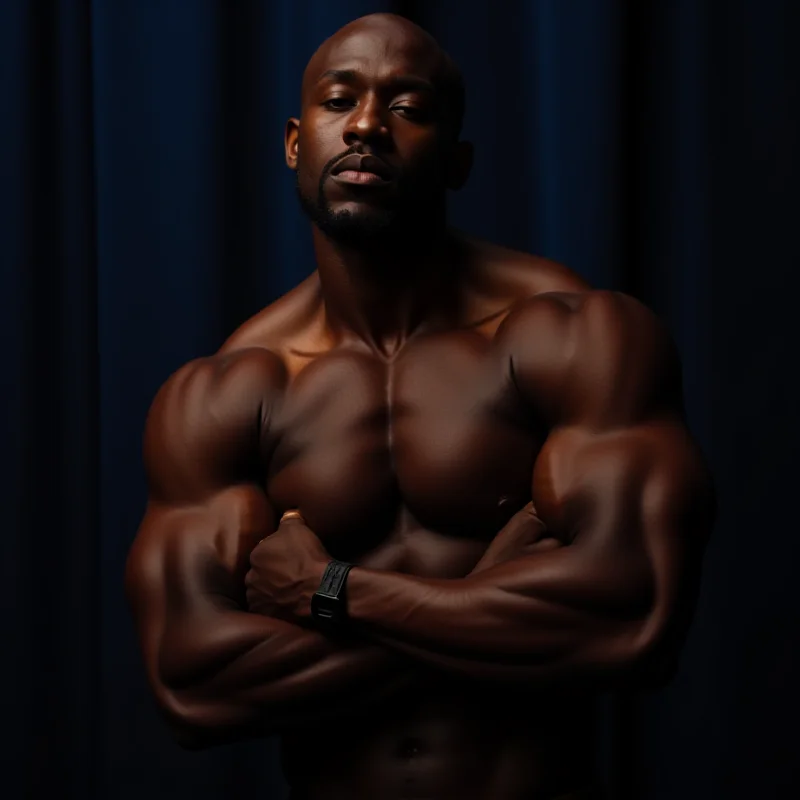 Samson Dauda posing in a bodybuilding competition, showcasing his impressive physique.