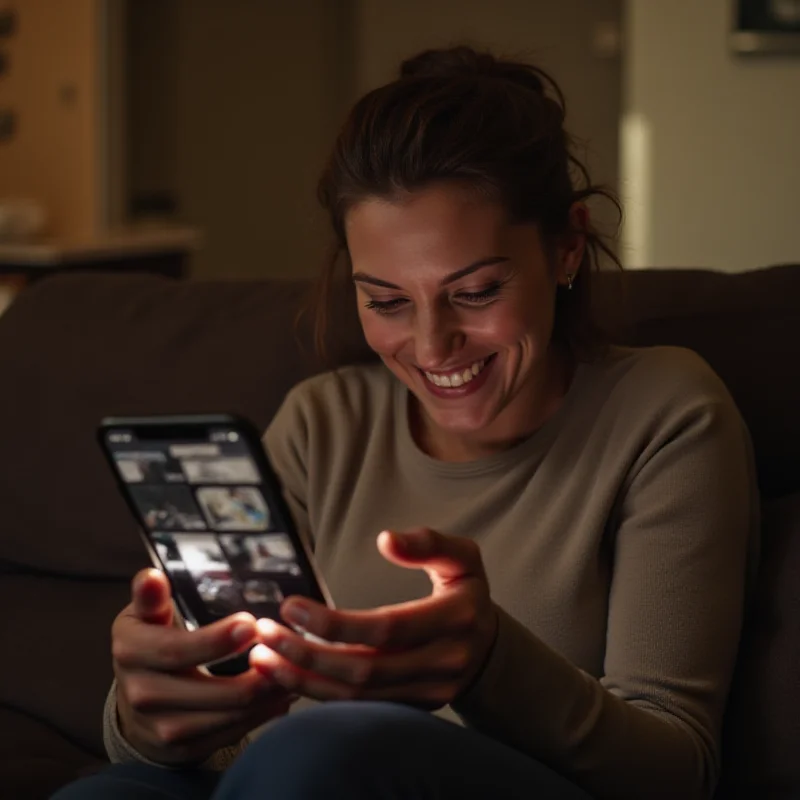 A person happily solving a puzzle on their phone