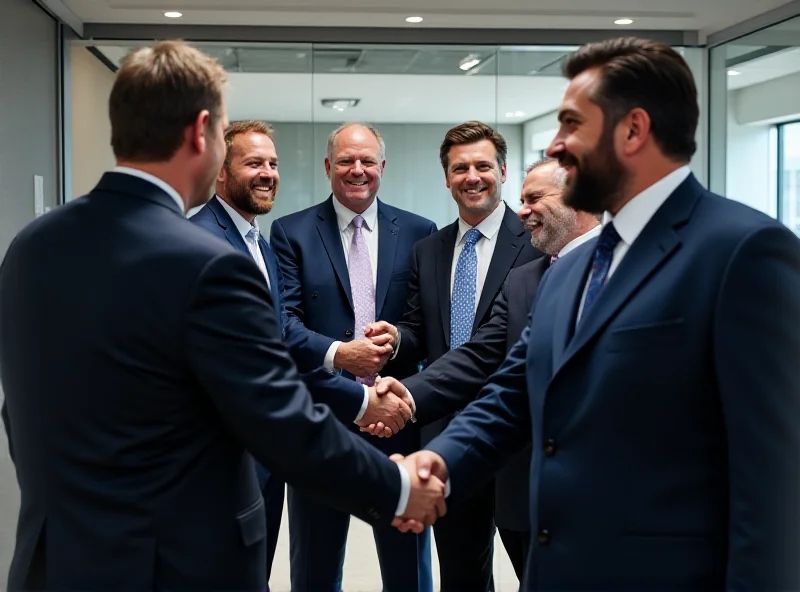 A diverse group of former hockey players in business suits, shaking hands and smiling in a modern office setting.