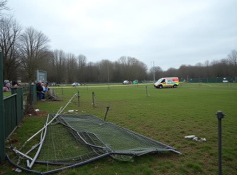 Scene of a rugby pitch with a damaged fence and police tape