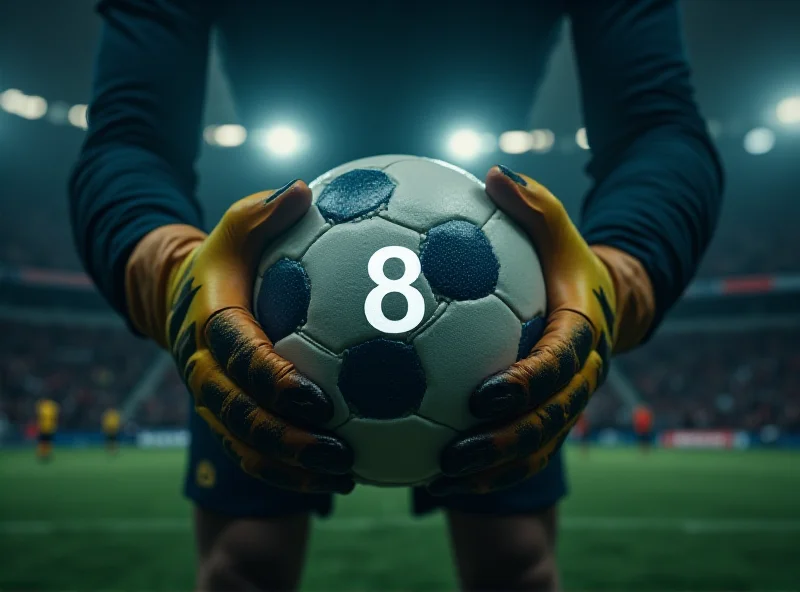 Goalkeeper holding a soccer ball with a timer overlay indicating the 8-second rule.