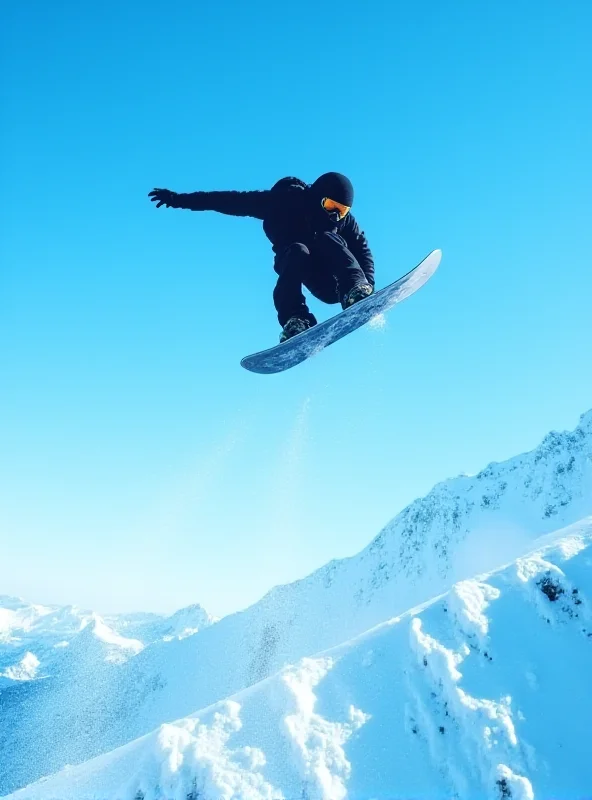A snowboarder performing a trick in mid-air against a snowy mountain backdrop.