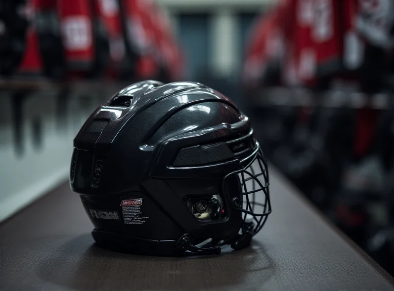 A close-up of a hockey helmet with a small decal on the side, symbolizing remembrance.