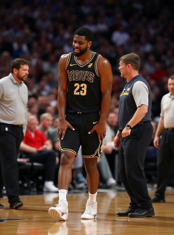 Kyrie Irving grimacing in pain on the basketball court, being attended to by medical staff.