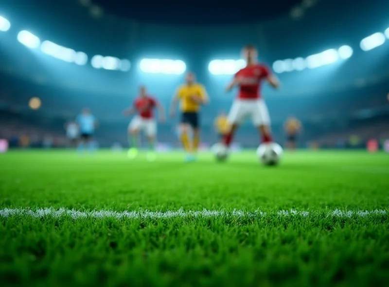 A football match scene with blurred players in the background.