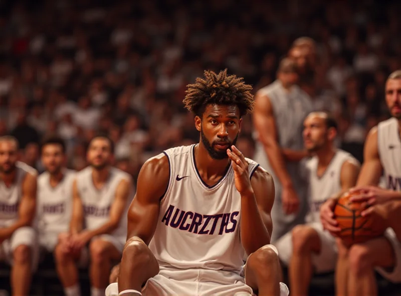 Dennis Smith in a Real Madrid jersey looking disappointed on the bench during a basketball game.