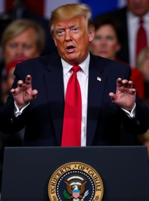 Donald Trump speaking at a podium.