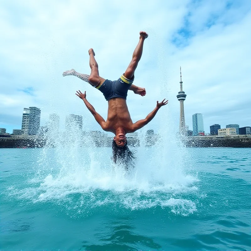 A diver performing the manu dive in Auckland, New Zealand.