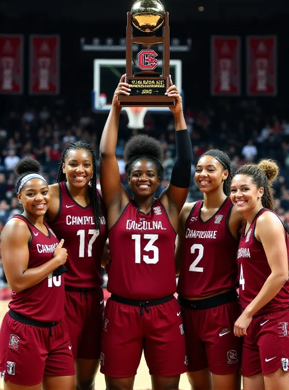 South Carolina Gamecocks players celebrating with the SEC Regular Season Championship Trophy.