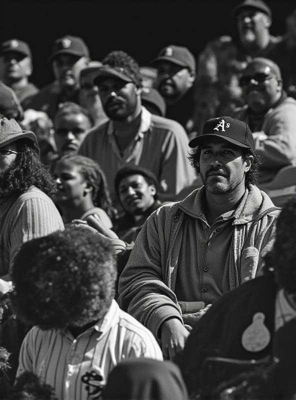 A black and white photo of fans at an Oakland Athletics baseball game.