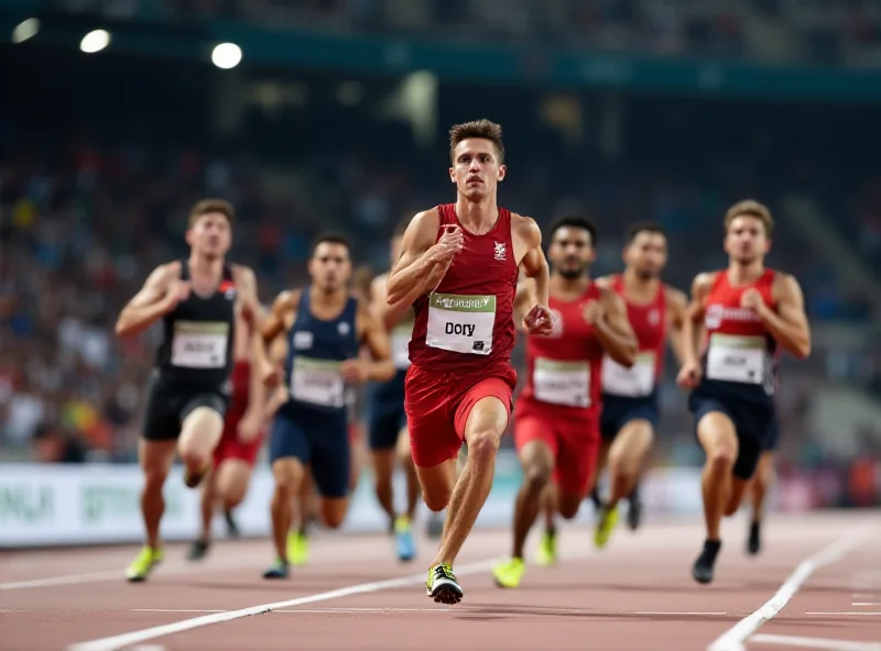 Runners competing in a 4x400m relay race at the European Athletics Indoor Championships.