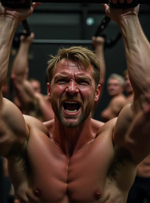 A bodybuilder struggling during a CrossFit workout