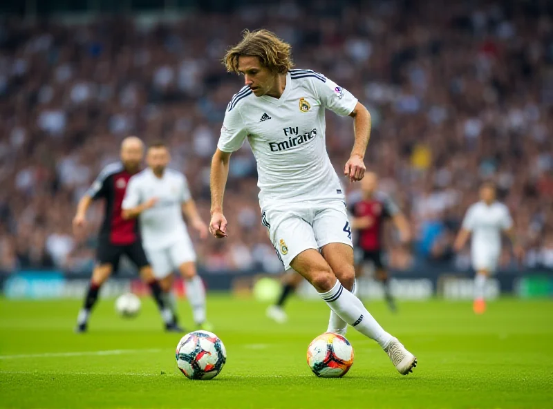 Luka Modrić in action for Real Madrid, dribbling the ball past a defender