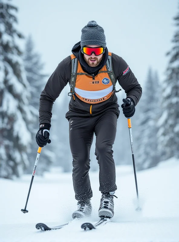 Remi Lindholm competing in a cross-country skiing race, wearing winter gear and a determined expression