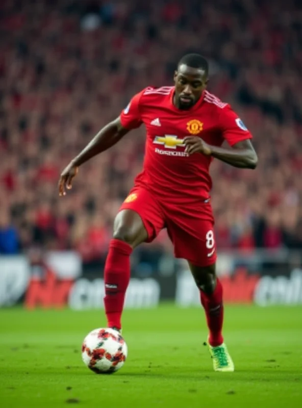 Action shot of a Manchester United soccer player kicking the ball during a Europa League match.