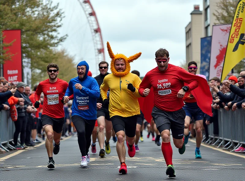 A group of runners in various colorful and humorous costumes participating in a marathon, crowds cheering in the background