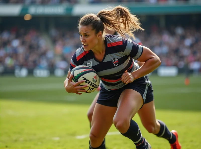 A woman in sports gear actively playing rugby, tackling another player on a grassy field, a football stadium in the distance