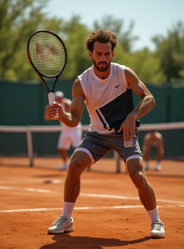 Jannik Sinner practicing tennis on a clay court, looking determined and focused.