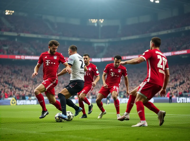 A dramatic scene from a Champions League match between FC Bayern and Bayer Leverkusen.