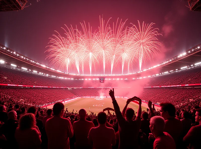 Image of Bayern Munich stadium with fireworks during an anniversary celebration.