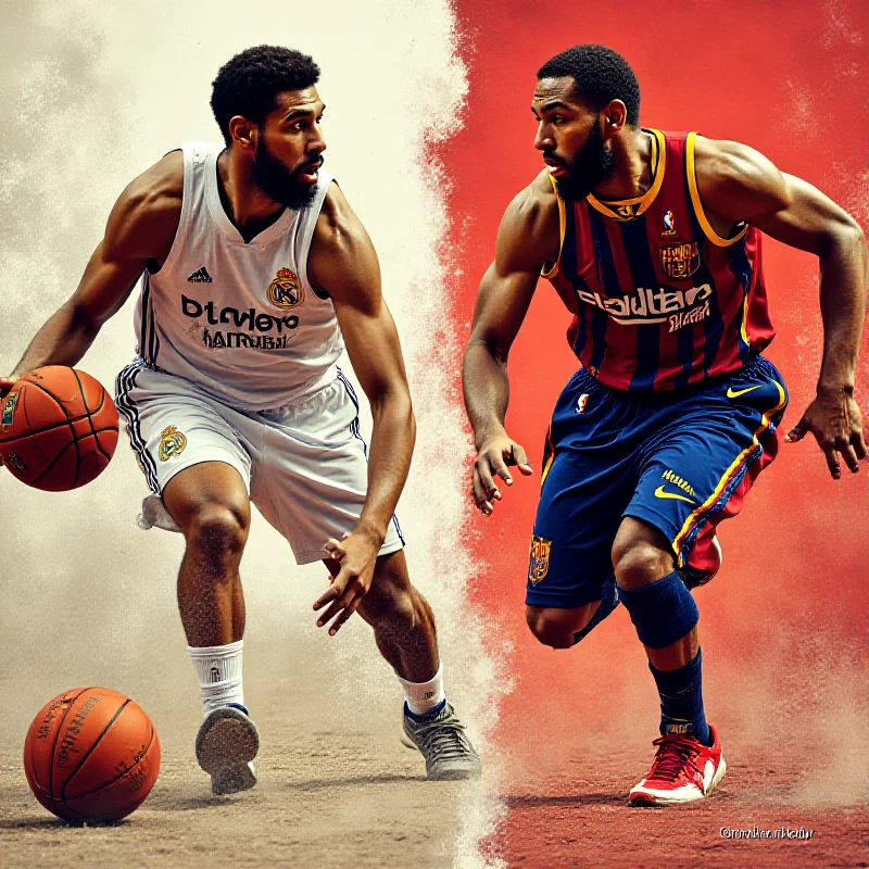 Collage of images showcasing the Real Madrid and Barcelona basketball teams facing off.
