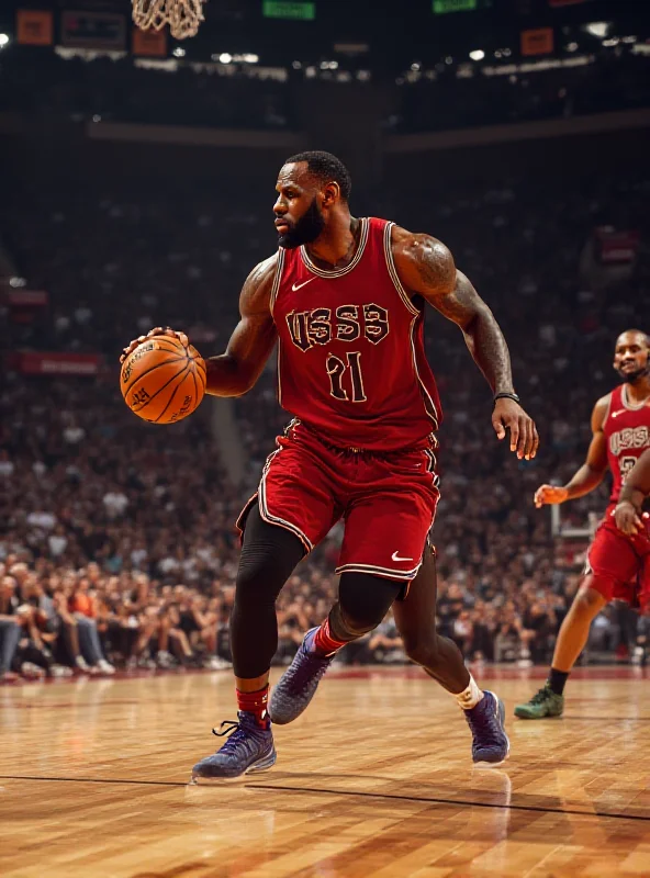 LeBron James celebrating a basket with his arms raised.