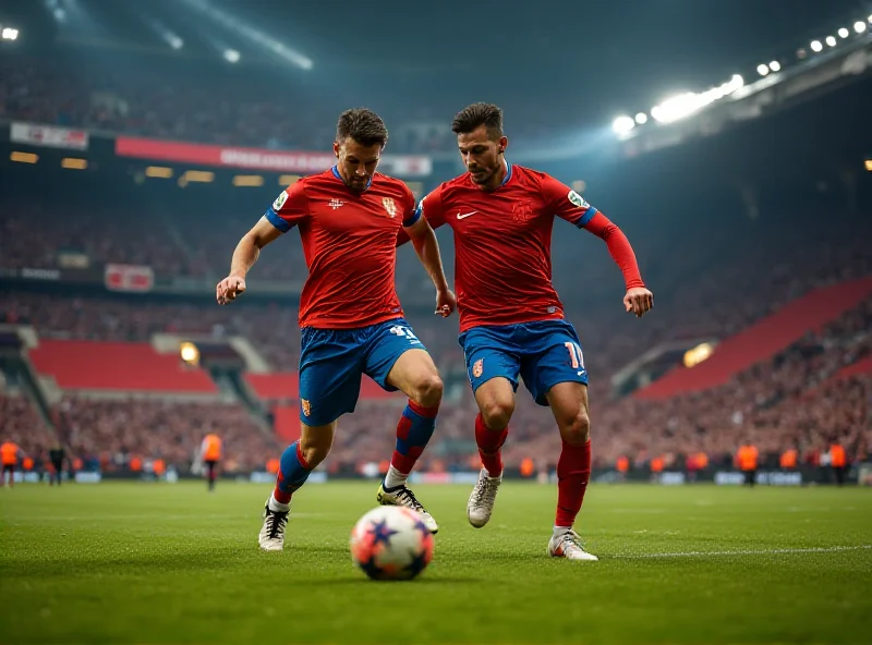 Soccer players facing off during a heated derby match