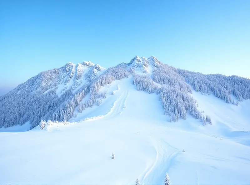 A snowy mountain landscape with steep slopes and a visible avalanche path
