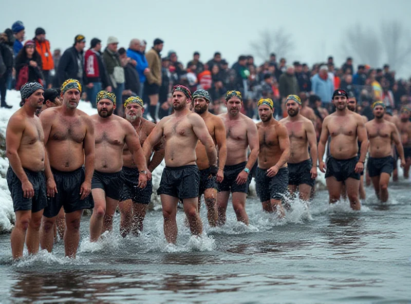 A large group of people in swimsuits standing in the snow, preparing to enter icy water
