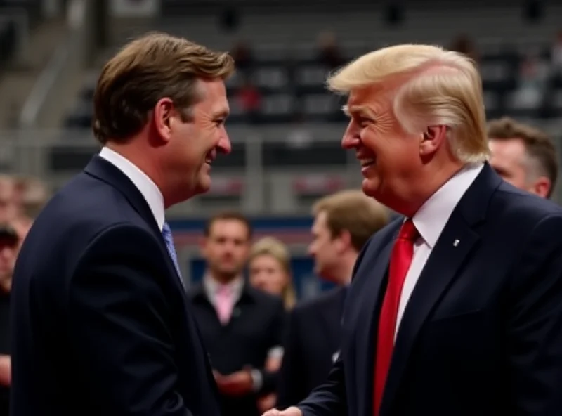 Wayne Gretzky smiling and shaking hands with Donald Trump at a sporting event.