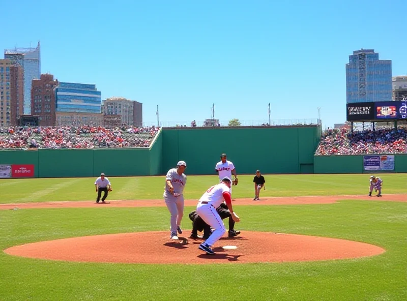 A wide shot of a baseball game between the Boston Red Sox and the Pittsburgh Pirates, with players in action on the field.