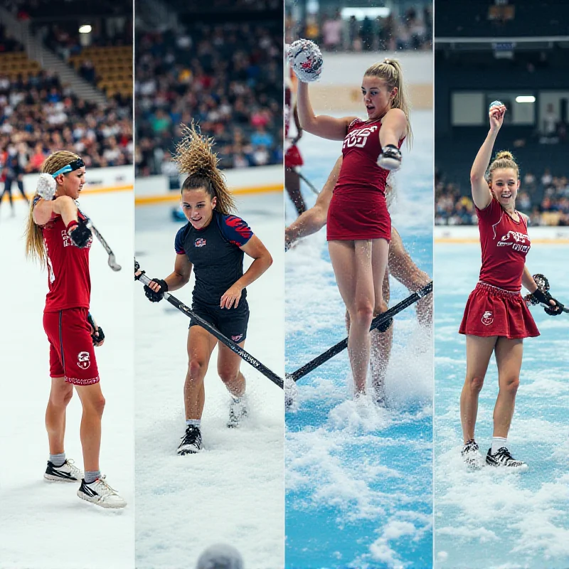 A diverse group of athletes participating in various sports, including floorball, cheerleading, hockey, and canoeing.