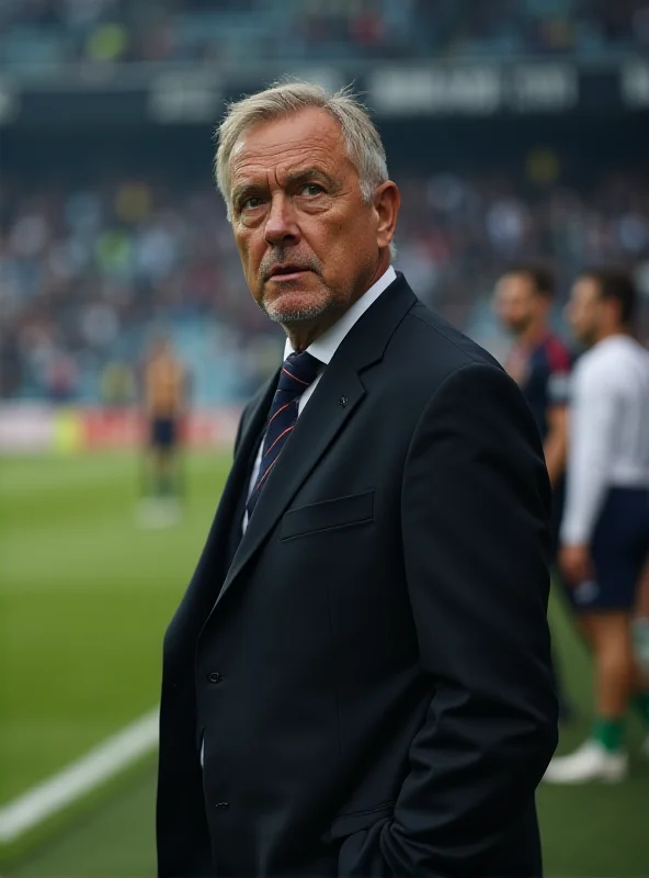 A soccer coach on the sidelines during a game, looking concerned.