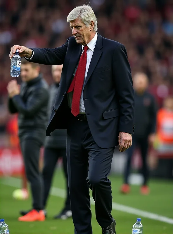 Arsene Wenger kicking a water bottle on the sidelines during a football match.