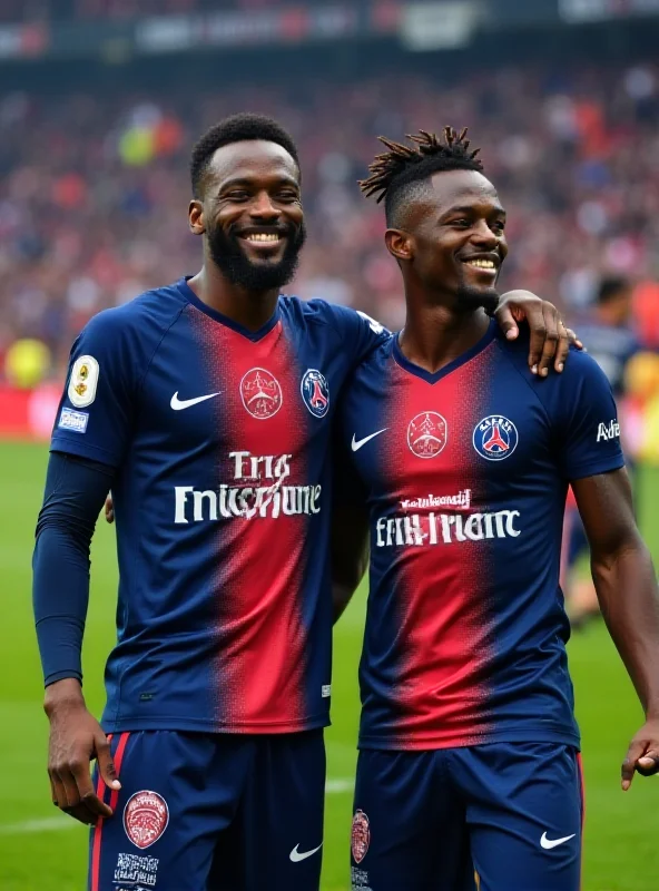 Mbappé and Neymar wearing PSG jerseys with the Visit Rwanda logo