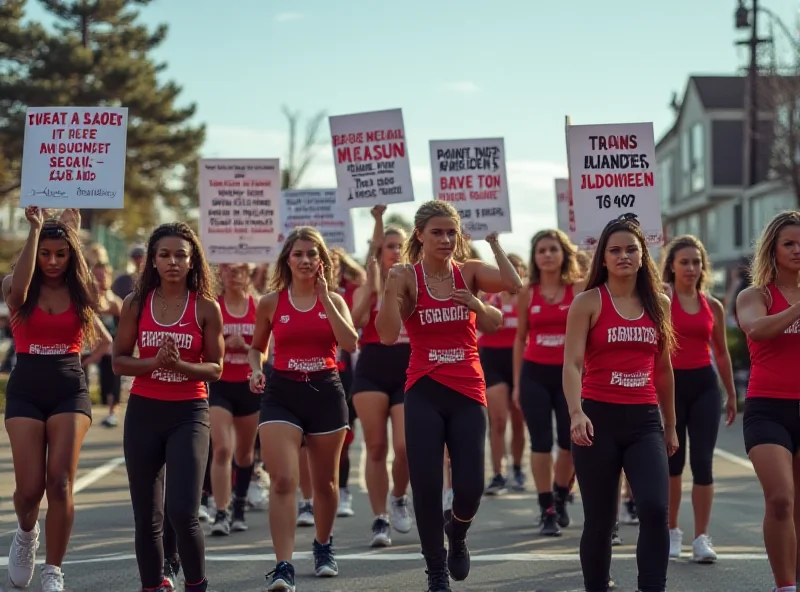 A group of female athletes marching with signs in Maine.
