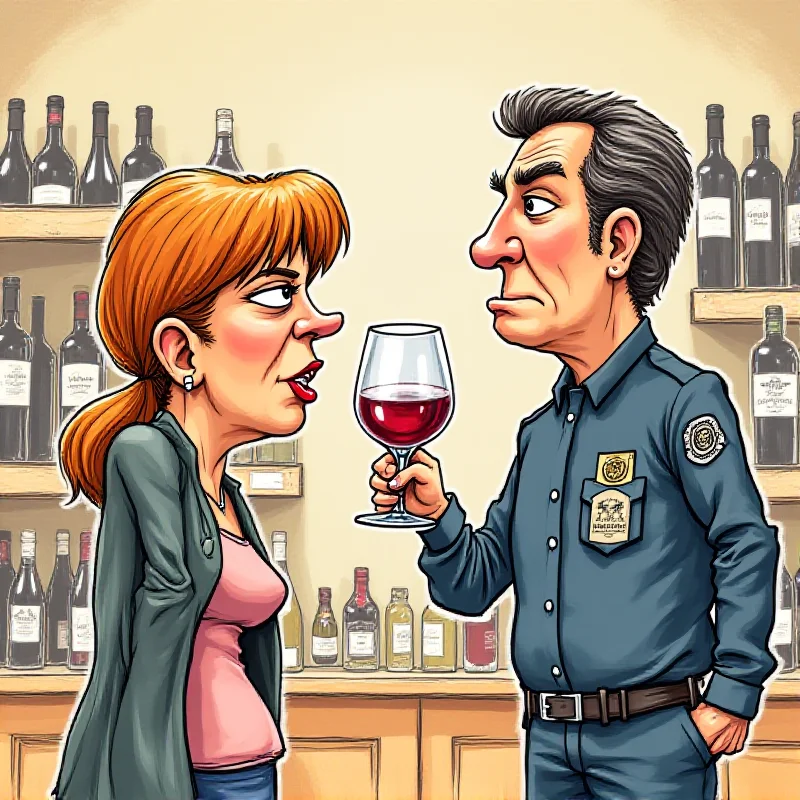 Cartoon drawing of a woman sniffing a wine glass with a police officer standing beside her.