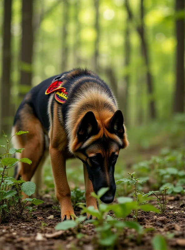A Belgian Shepherd dog in a forest, sniffing the ground. The dog is wearing a harness with a 'Search and Rescue' patch.