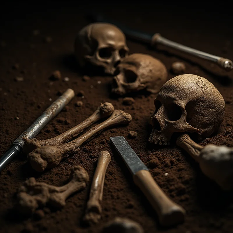 Close-up photo of human bones in a dimly lit environment, suggesting an archaeological dig site or a forensic investigation.
