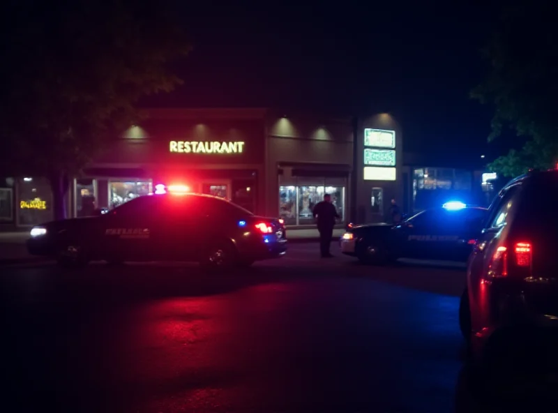 Exterior of a restaurant at night, police lights flashing.
