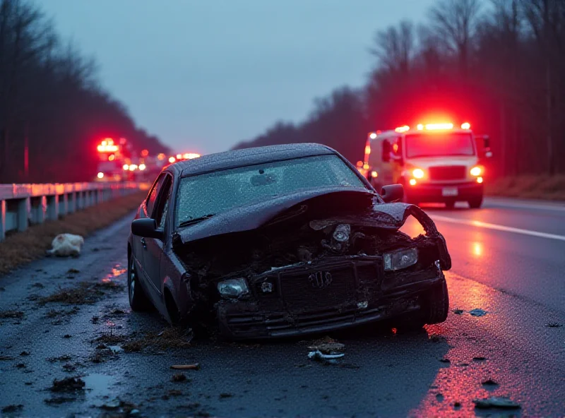 Wrecked car on a highway, emergency vehicles in the background.
